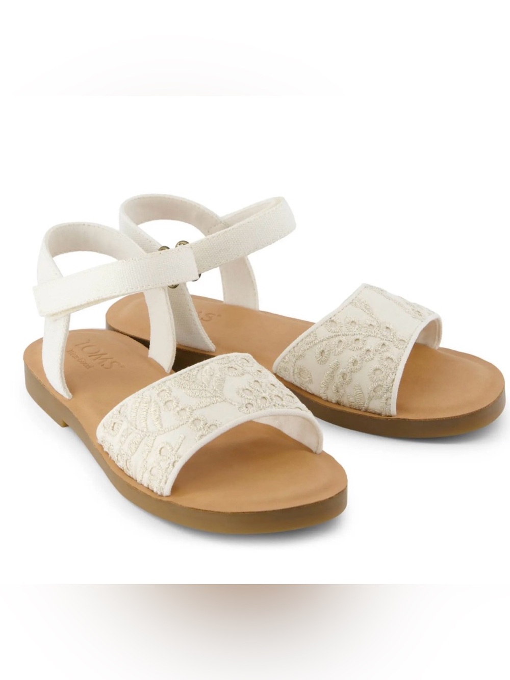 Toms White & Gold Embroidered Girls' Ankle-Strap Sandals